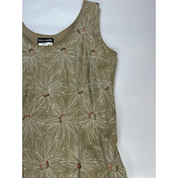 Basil & Maude Anthropologie Dress Womens Medium Embroidered Floral Tan Mini Boho - Picture 2 of 8